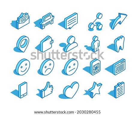 Set of web isometric icon. Thumb up, wallet, user, tooth, sim card and more. 3D line style symbol.