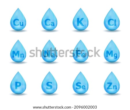 Set of mineral drop complex. Mineral K, Cl, Ca, Cu, Mn, Na, Fe, Mg, Se, Zn, S, P. Blue drug nutrition design. Multimineral pill capsule supplement illustration concept. Stock foto © 