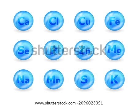 Set of mineral complex. Mineral K, Cl, Ca, Cu, Mn, Na, Fe, Mg, Se, Zn, S, P. Multimineral pill capsule supplement illustration concept. Blue drug nutrition design. Stock foto © 