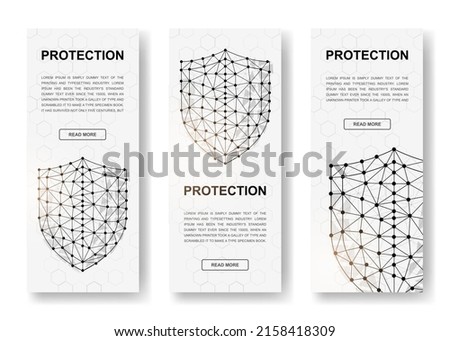 Set of three Shields polygonal vertical banners. 3d Cyber security low poly symbols with connected dots. Vertical illustration for homepage design.