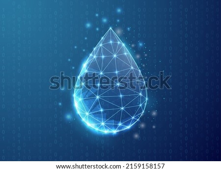 Water drop polygonal symbol with binary code background. Droplet concept design vector illustration. Blue Oil drop low poly symbol with connected dots