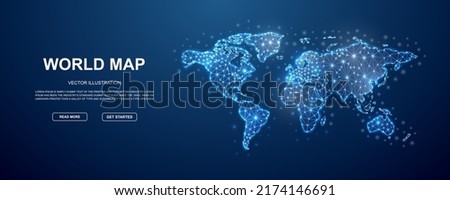 World Map 3d low poly symbol with connected dots for blue landing page. Geography design illustration concept. Polygonal Earth planet illustration