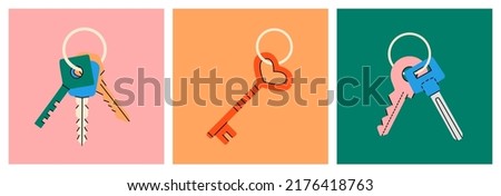 Set of bunch of different house keys. Different square posters with hand drawn house keys bunch. Modern door keys isolated on colored background.