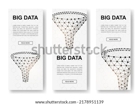 Set of three Funnel polygonal vertical banners. 3d Data filter low poly symbols with connected dots. Vertical illustration for homepage design.