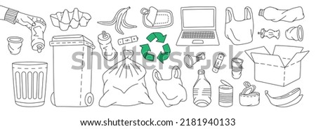 Set of garbage outline symbol. Plastic, glass, metal, paper, organic waste illustration. Problem globe pollution concept. Unsorted garbage line set