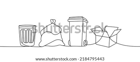 Set of garbage one line continuous drawing. Rubbish, trash can, garbage bag, recycle bin, carton box continuous one line set illustration.