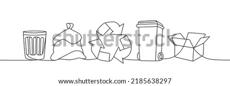 Set of trash one line continuous drawing. Garbage, trash can, garbage bag, recycle bin, carton box continuous one line set illustration.