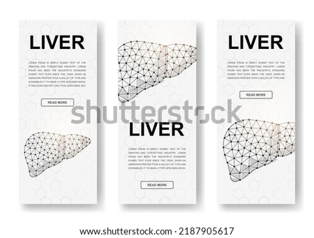 Set of three Liver polygonal vertical banners. 3d Organ anatomy low poly symbols with connected dots. Vertical illustration for homepage design