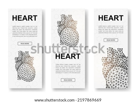 Set of three Heart polygonal vertical banners. 3d Cardiology low poly symbols with connected dots. Vertical illustration for homepage design