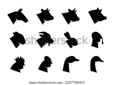 Farm animal head set. Pig, Horse, Turkey, Goat, Sheep, Chicken, Rooster, Duck, Rabbit, Goose, Cow, Bull head silhouettes. Farm animal black icons