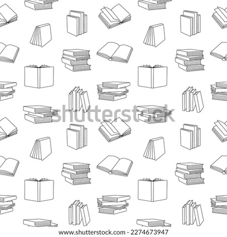Closed and open books outline pattern. Books line background. Bookstore, library line symbols. Literature, dictionaries, planners pattern.