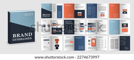 Blue and Orange Brand Guidelines template. Brand Manual presentation in A4 size. Logo Guideline mockup. Logo Guide Book layout. Logotype presentation