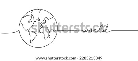World - word with planet silhouette one line. Minimalist drawing of phrase illustration. Earth silhouette continuous one line illustration.