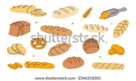 Set of fresh breads. Breads and pastry banner. Whole grain and wheat bread, pretzel, ciabatta, croissant, french baguette for bakery menu design.