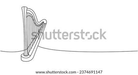 Lyre, wooden harp, string instrument one line continuous drawing. Musical instruments continuous one line illustration. Vector minimalist illustration