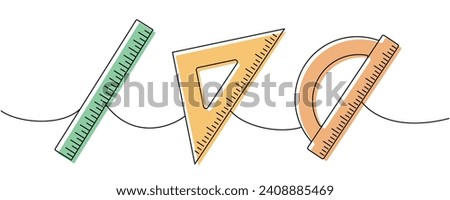 Set of school supplies. Back to school one line drawing. Ruler scale, protractor and triangle ruler, measuring tool continuous one line illustration.