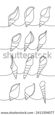 Sea shells set. Sea shells, mollusks, scallop, pearls. Tropical underwater shells continuous one line illustration. Vector minimalist illustration.