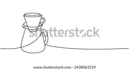 Coffee maker with paper filter one line continuous drawing. Hand drawn elements for cafe menu, coffee shop. Vector linear illustration.