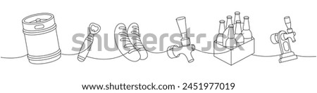Set of beer one line continuous drawing. Metal keg, bottle opener, sausages, beer tap continuous one line illustration. Vector linear illustration.