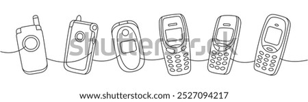 Retro phones one line continuous drawing. Mobile flip phone, old mobile phone. Vector linear illustration.