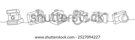 Photo camera set one line continuous drawing. Instant and polaroid camera, film photo camera with lens. Vector linear illustration.