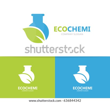 Vector of flask and leaf logo combination. Laboratory and eco symbol or icon. Unique organic and bottle logotype design template.