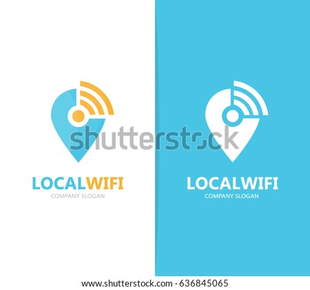 Vector of map pointer and wifi logo combination. GPS locator and signal symbol or icon. Unique pin and radio, internet logotype design template.