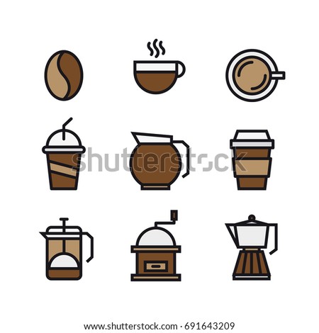 Set of coffee and drink flat color icons