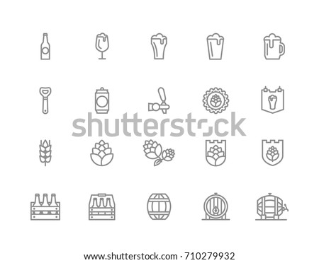 Set of vector beer and bar, pub line icons. Alcohol, bottle, mug, barley, hop, barrel, ale, froth, keg, beaker, jar and more. Editable Stroke.