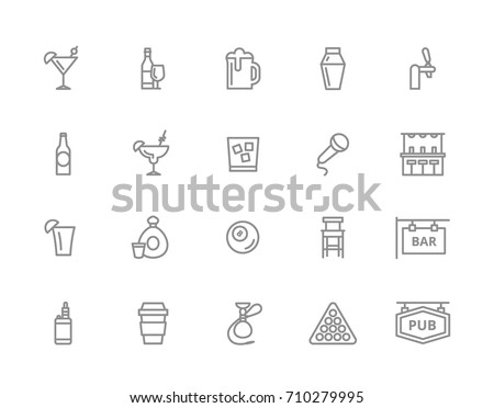 Set of vector alcohol and bar, night club line icons. Cocktail, wine, beer, cup, tequila, cognac, whiskey, shaker, whisky, karaoke, vape, shot, tap, billiard, hookah and more. Editable Stroke.