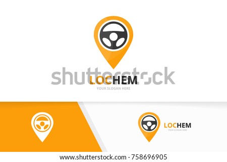Vector car helm and map pointer logo combination. Steering wheel and gps locator symbol or icon. Unique rudder and pin logotype design template.
