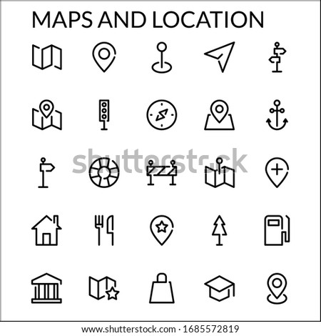 Simple Maps and Location Line Style Contain Such Icon as Location, Pin, Map, Navigation, Direction, Home, Restaurant, School, Gas Station, Store and more. 48 x 48 Pixel Perfect