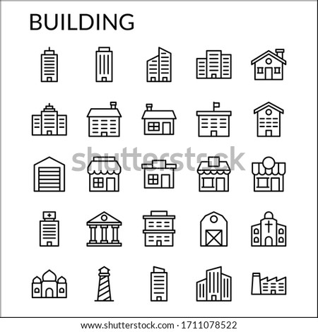 Simple Building Line Style Contain Such Icon as Apartment, Office, Shop, Retail, Street Vendor, Lighthouse, Barn, Hospital, School, Police, Church, Mosque, Home and more. 64 x 64 Pixel Perfect