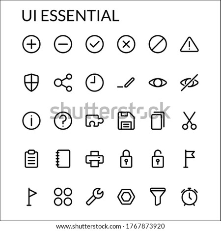 Simple UI Essential Vol.1 Icons Line Style Contain Such Icon as Add, Minus, Close, Cancel, Warning, Protection, Share, Time, Save, Information, Help, Notebook, Locked and more. 