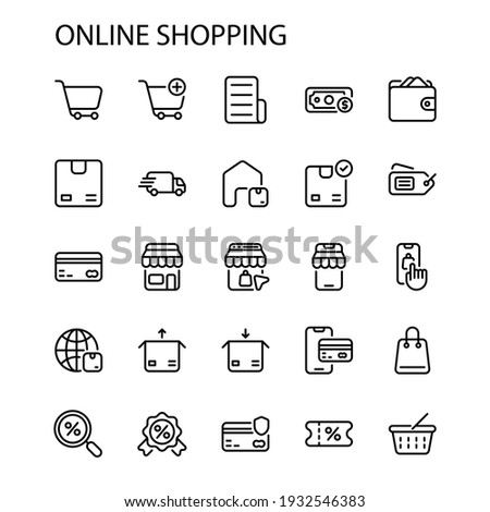 Simple Online Shopping Icon Set Line Style Contain Such Icon as Discount, Payment, E-Commerce, Wallet, Trolley, Courier, Unboxing, Packaging, Grocery, Mobile Banking and more. 64 x 64 Pixel Perfect