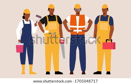 portrait of migrant workers. black people construction team. labor group workers in dark skin cartoon character illustration. set of professional workers. celebrate labor day flat vector design.