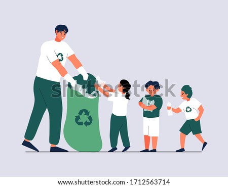 young volunteer and children collecting garbage. Environmentalism and Plastic awareness. Diverse group of people team with recycle project, picking up trash in the park volunteer community service.