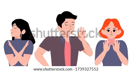 Group of people show stop gesture with their hands. serious Man and Woman gesturing no or stop sign with crossed hands cartoon illustration