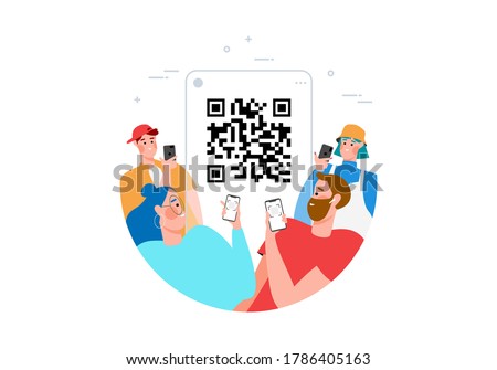 Qr code scanning concept with people scan code using smartphone for payment flat vector illustration. Hand with phone and scanning barcode