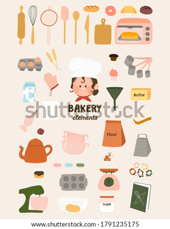 Cute bakery elements flat vector graphic illustration. Baking art print. Baking ingredients and tools, dessert and pastry dishes with chef kawaii logo, symbols, icon. Set Baking and Kitchen items