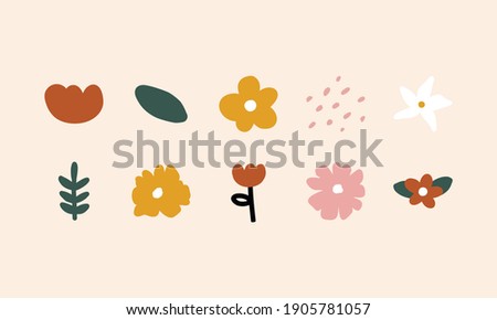 Simple Abstract hand drawn various shapes and doodle Botanical Nature flowers and Leaves objects contemporary modern trendy vector Elements illustration.