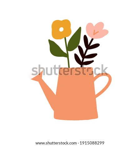 Similar – Image, Stock Photo Watering can and flowers pots in sunlight on pink background. Top view. Gardening concept. Creative layout