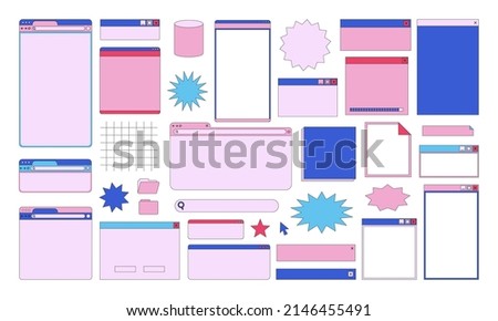 Lined Retro User Interface , Icon Website and Computer 90s, Set Desktop Program, windows boxes.