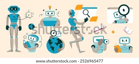 Artificial Intelligence Exploration Set. A collection of illustrations showcasing robots and artificial intelligence in action, exploring knowledge, data, and technology