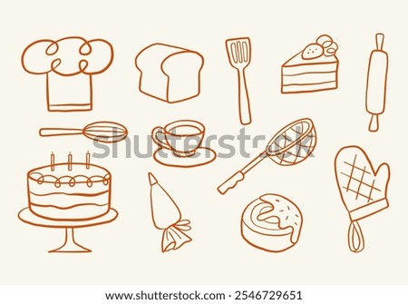 Hand Drawn Kitchen Elements Line Art. A set of 12 hand-drawn kitchen elements, featuring various cooking and baking tools, food items, and dessert icons, in a minimalistic line art style