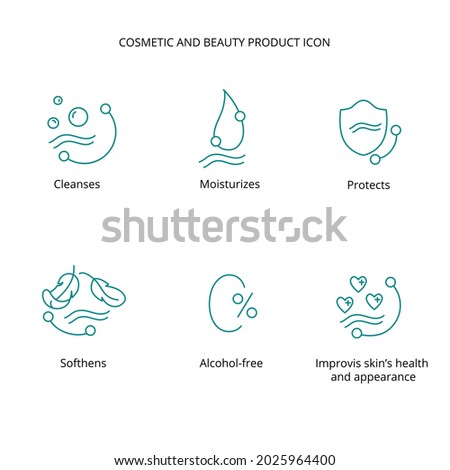 Beauty product, face cleansing, alcohol free makeup removing lotion, mask cosmetic and beauty tretment icon set for web, packaging design. Vector stock illustration isolated on white background. EPS10 Stockfoto © 