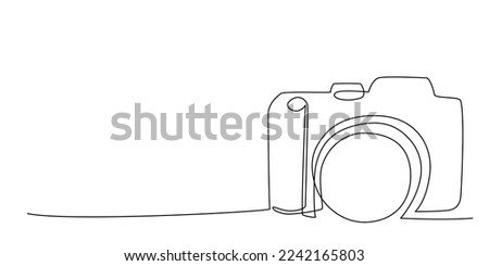 Decoration continuous line hand drawing photo camera for wedding photo book, invitations. Vector stock illustration minimalism design isolated on white background. Editable stroke single line. EPS10