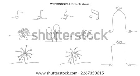 Decoration continuous line hand drawing elements set for wedding photo book, invitations. Vector stock illustration minimalism design isolated on white background. Editable stroke single line. EPS10