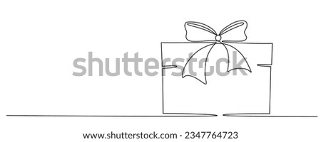 Gift box with bow hand drawing single line. Vector stock illustration isolated on background for design template Christmas, wedding or birthday banner, invitation, greeting card. Editable stroke.