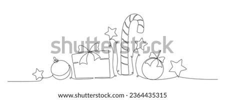 Christmas ball, gift box, candy can continues one single line hand drawing vector stock illustration, isolated on background for design winter holiday banner, card, invitation. Editable stroke. EPS10